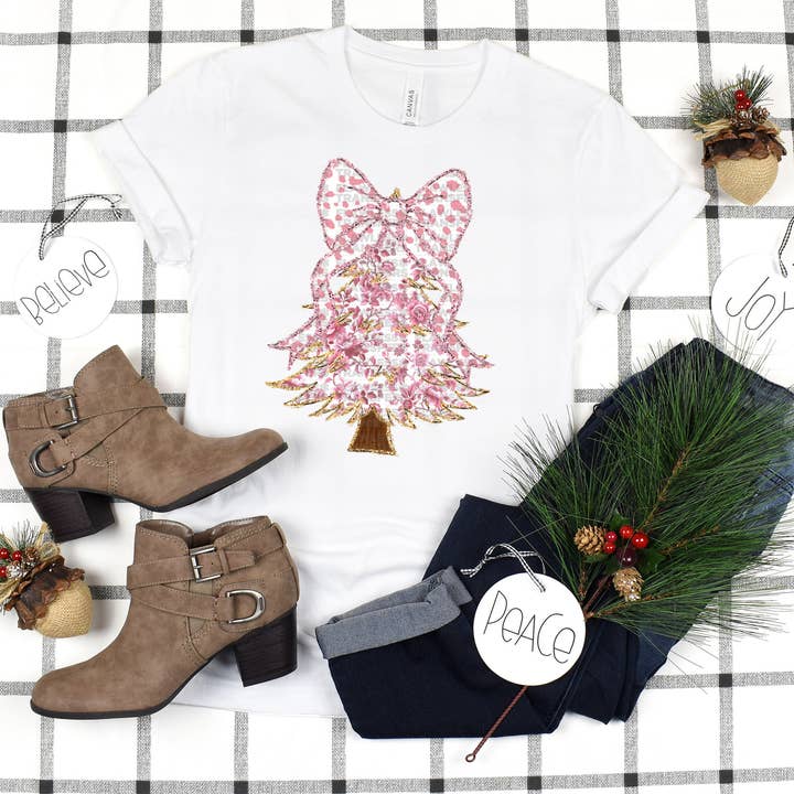 Julgran Rosa Blommig Guldglitter Kontur Coquette Rosett DTF Transfer för wholesale av Flawless Transfers