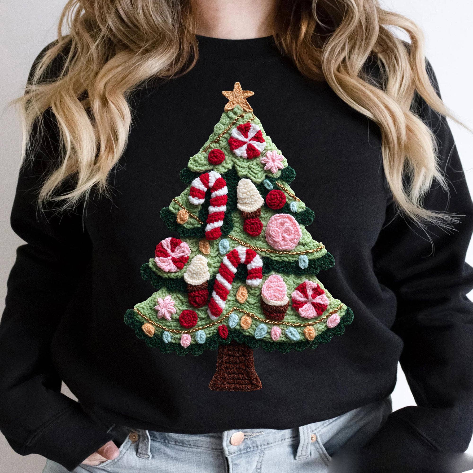NVC Ecommerce LLC - Vente T-shirt à imprimés – femme - Chemise de Noël en crochet, sweat rétro en laine pour les fêtes3