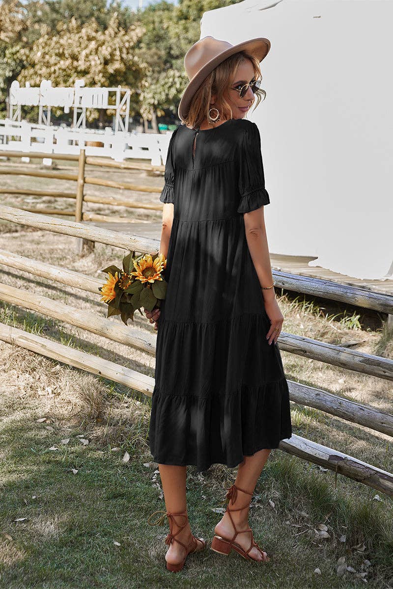 Supreme Fashion - Wholesale Dress - Women's - Flowy Pleated Short Sleeve Solid Midi Dress2