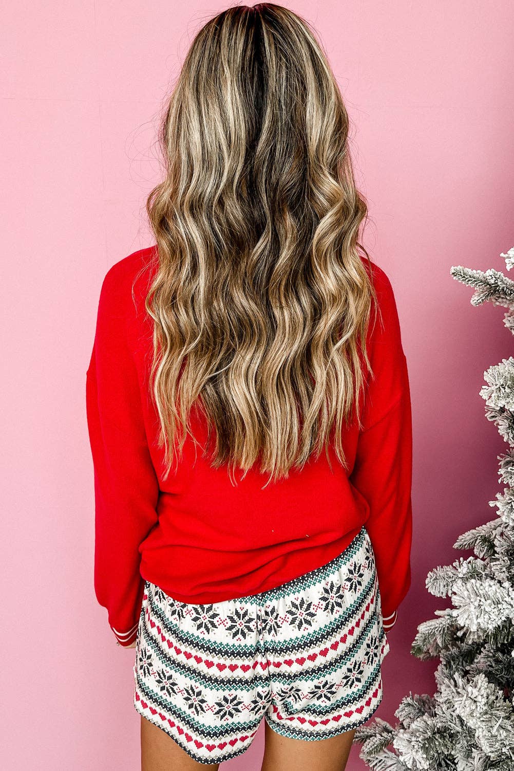 Fiery Red SLEIGH Snowflake Print Long Sleeve Wide Leg Lounge Set for wholesale on Faire1