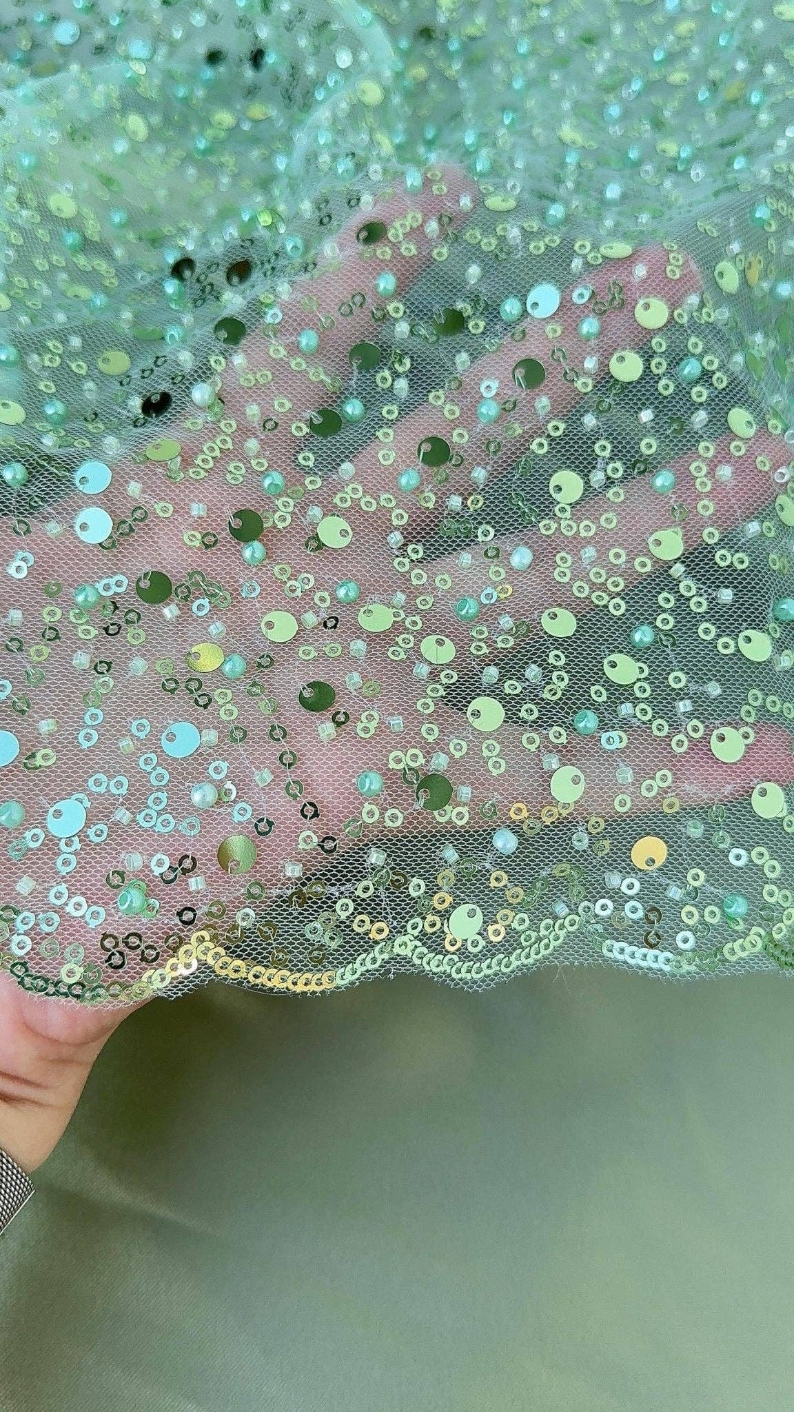 GalaTextile - Wholesale Craft Supplies - Sage Green Beaded Lace Fabric by Yard | Embroidered with Pearls & Sequins Mesh | Bridal Dresses, Gowns, Veils, Table Decor2