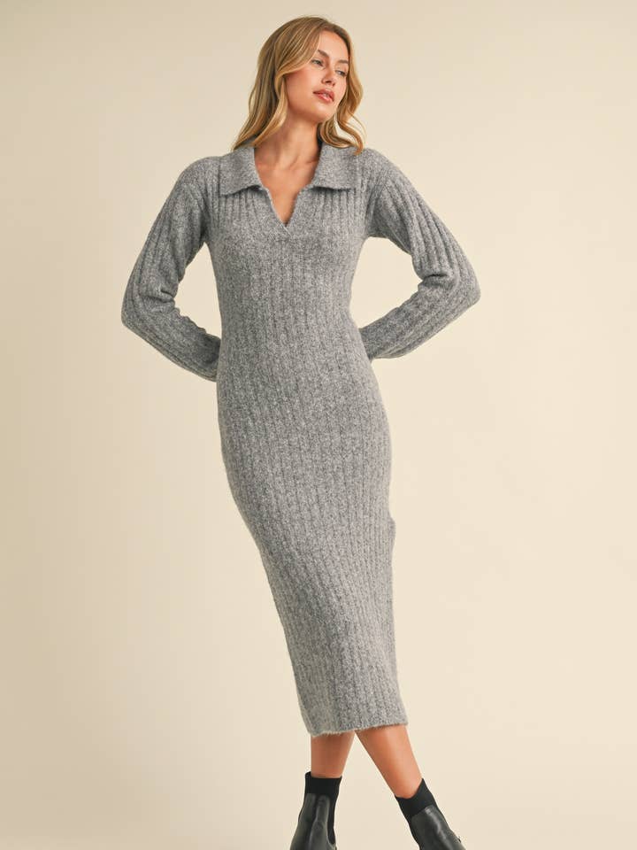 ID8811 COLLAR SWEATER MIDI DRESS WITH LONG SLEEVES for wholesale by Klesis