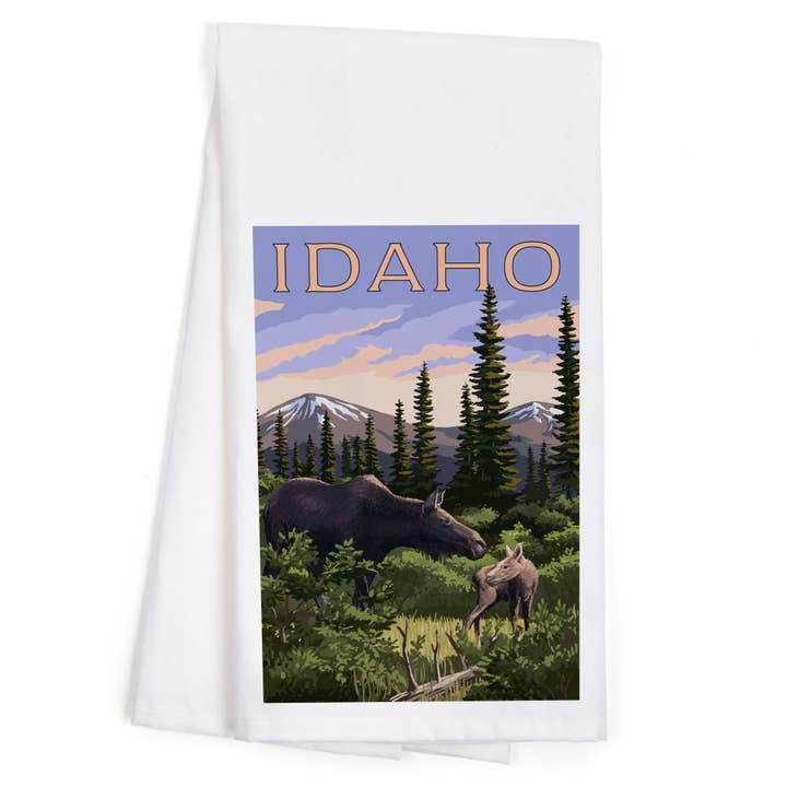 ORGANIC TEA TOWEL Idaho, Moose and Baby Calf for wholesale by Lantern Press
