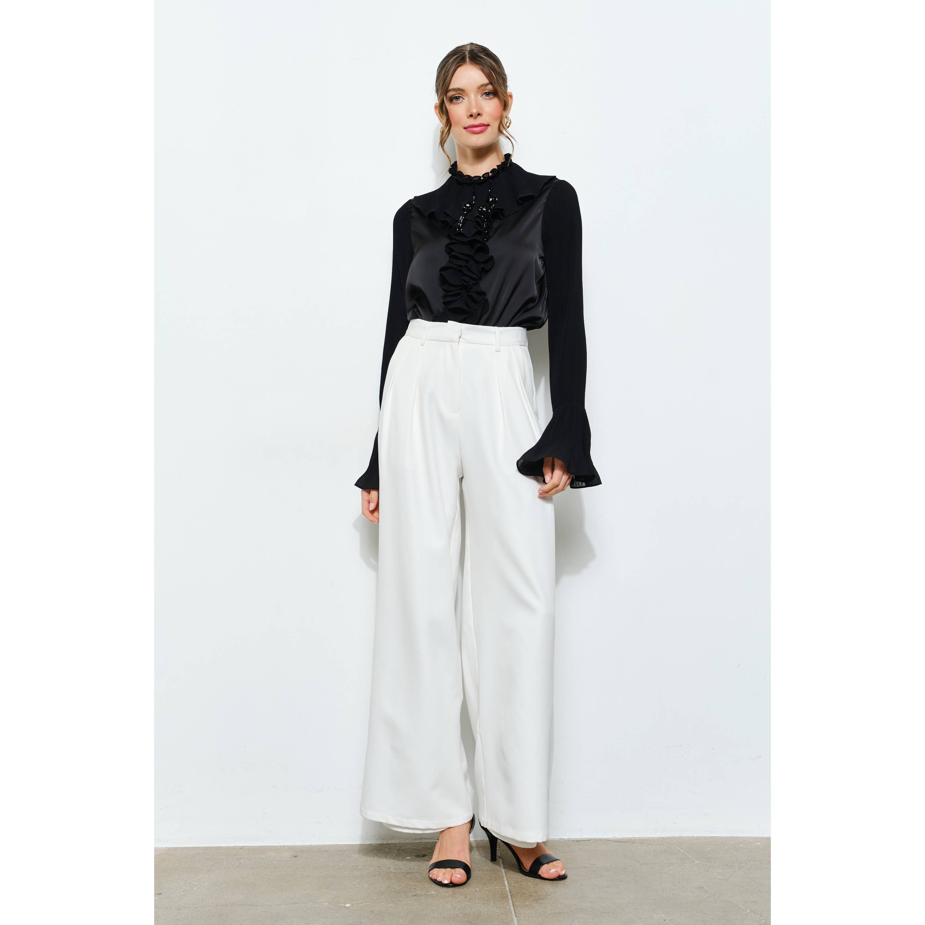 INA - Wholesale Blouse - Women's - Romantic Princess Pleated Satin Ruffled Blouse Top4