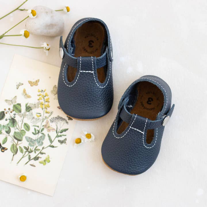 the original soft soled t-strap: navy for wholesale by Mon Petit Shoes