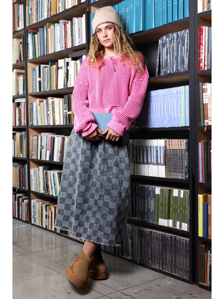 VERY J - Wholesale Skirt - Women's - VS50944-Washed Checkered Denim Midi Skirt