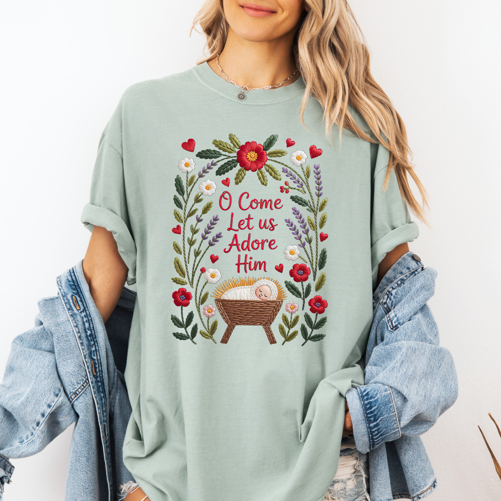 Scripted Pearl - Wholesale T-Shirt (Graphic) - Women's - O Come Let Us Adore Him Comfort Colors Christmas T Shirt4