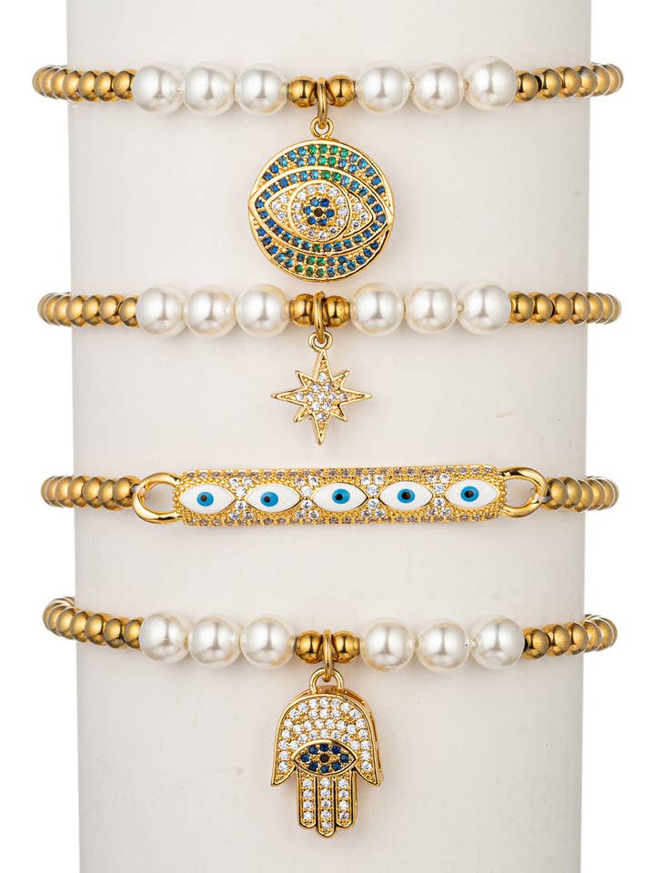 Hamsa+Eye 4 Piece Titanium Beaded Bracelet Set with CZ Charm for wholesale by Eye Candy Los Angeles