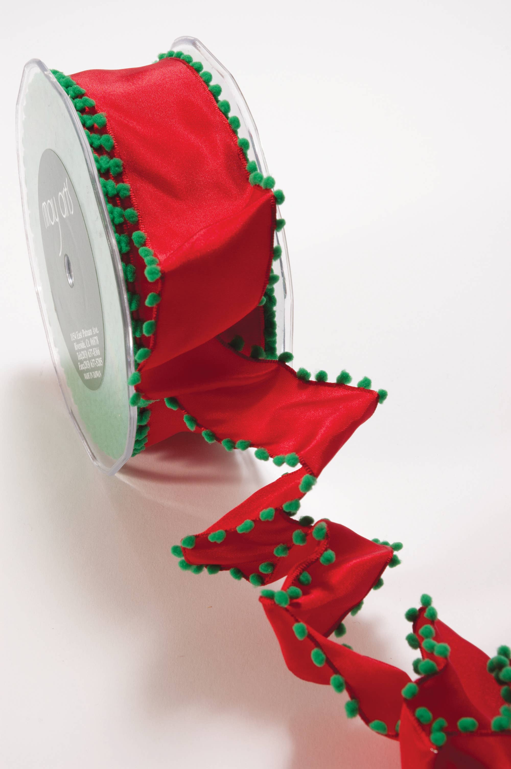 May Arts Ribbon - Wholesale Linten - Rood taftlint van 1,5" met groene pompondraad0