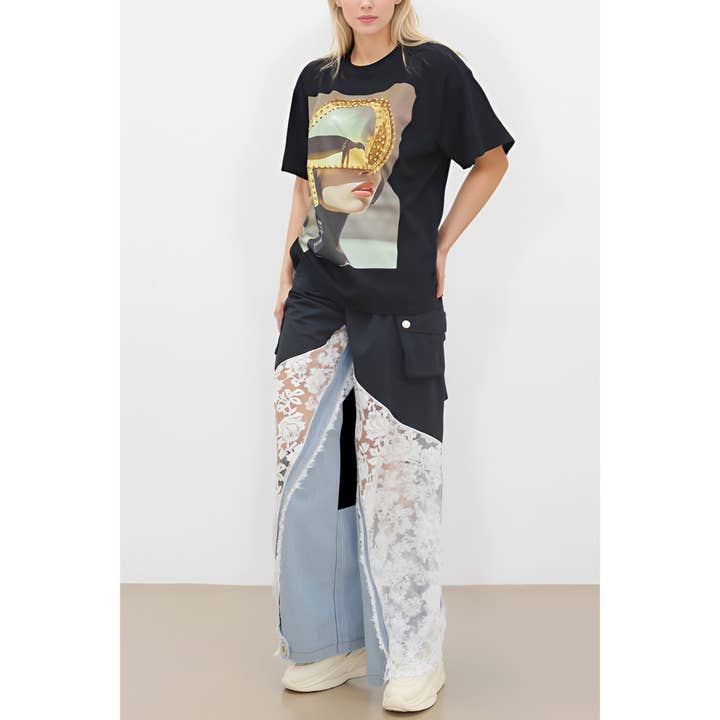 Black Overlay Lace and Denim Wide Leg Pants
for wholesale by XHHH Inc