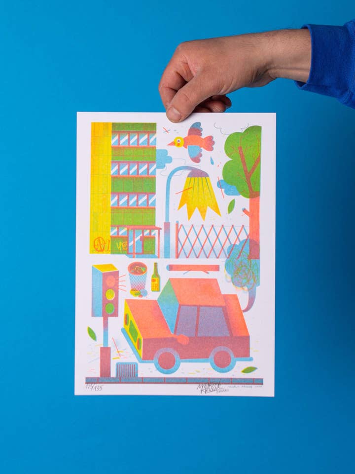 Stampa risographica "Città" formato A4 per la vendita all'ingrosso da parte di Martin Krusche Illustration