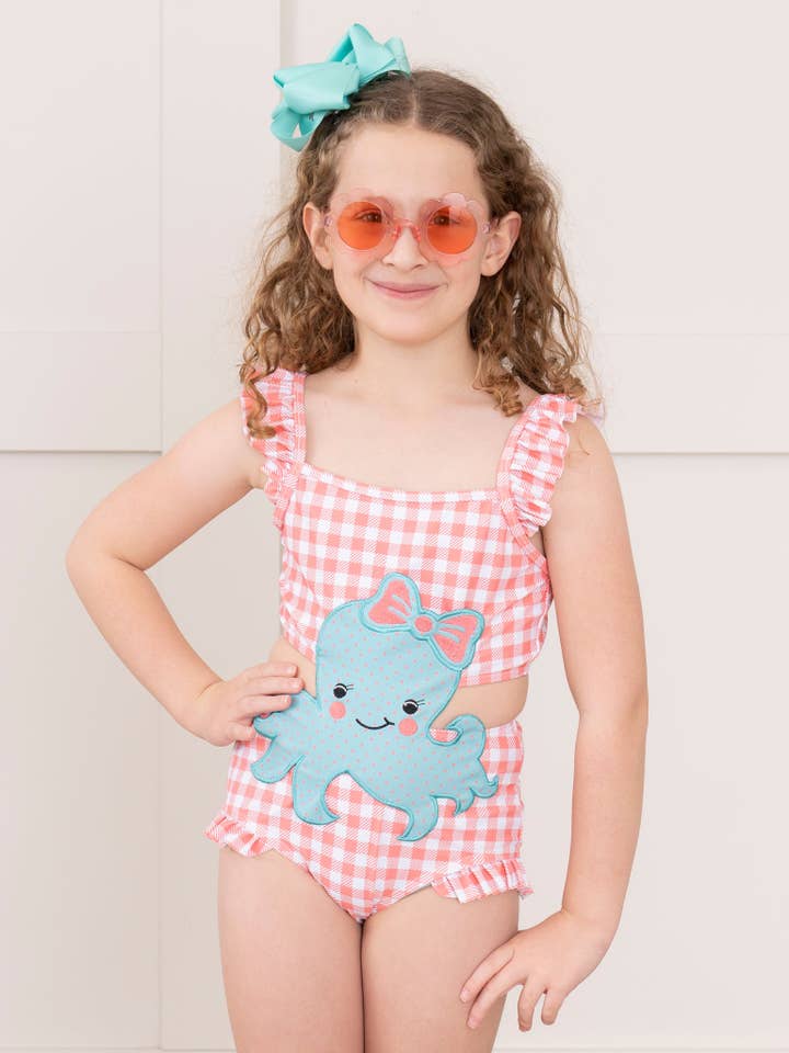 Octopus Gingham Ruffle One-Piece Swimsuit for wholesale by Marie Nicole Clothing