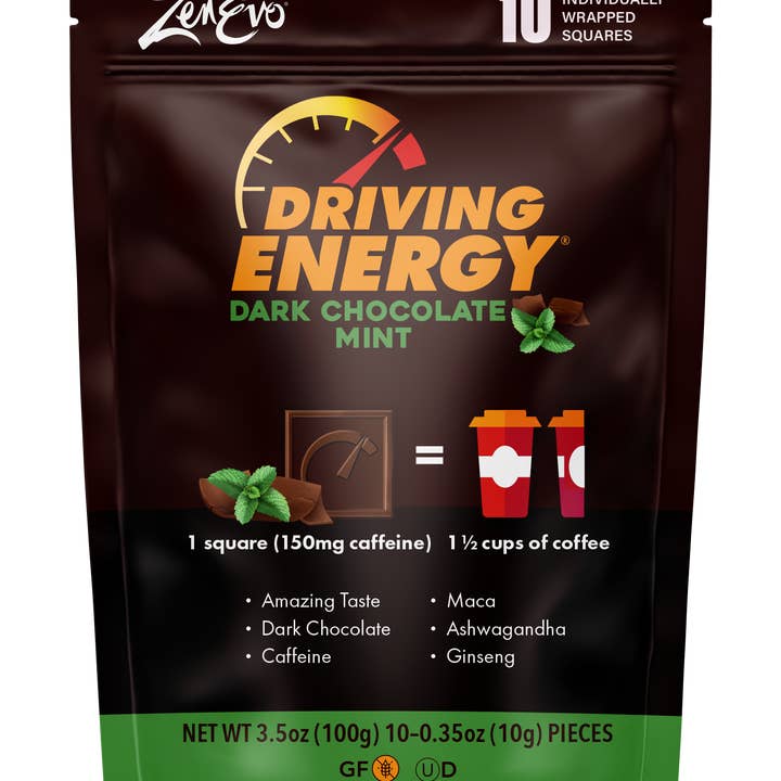 Driving Energy Dark Chocolate Mint - 10 Ct - 150mg Caffeine for wholesale by ZenEvo Chocolate