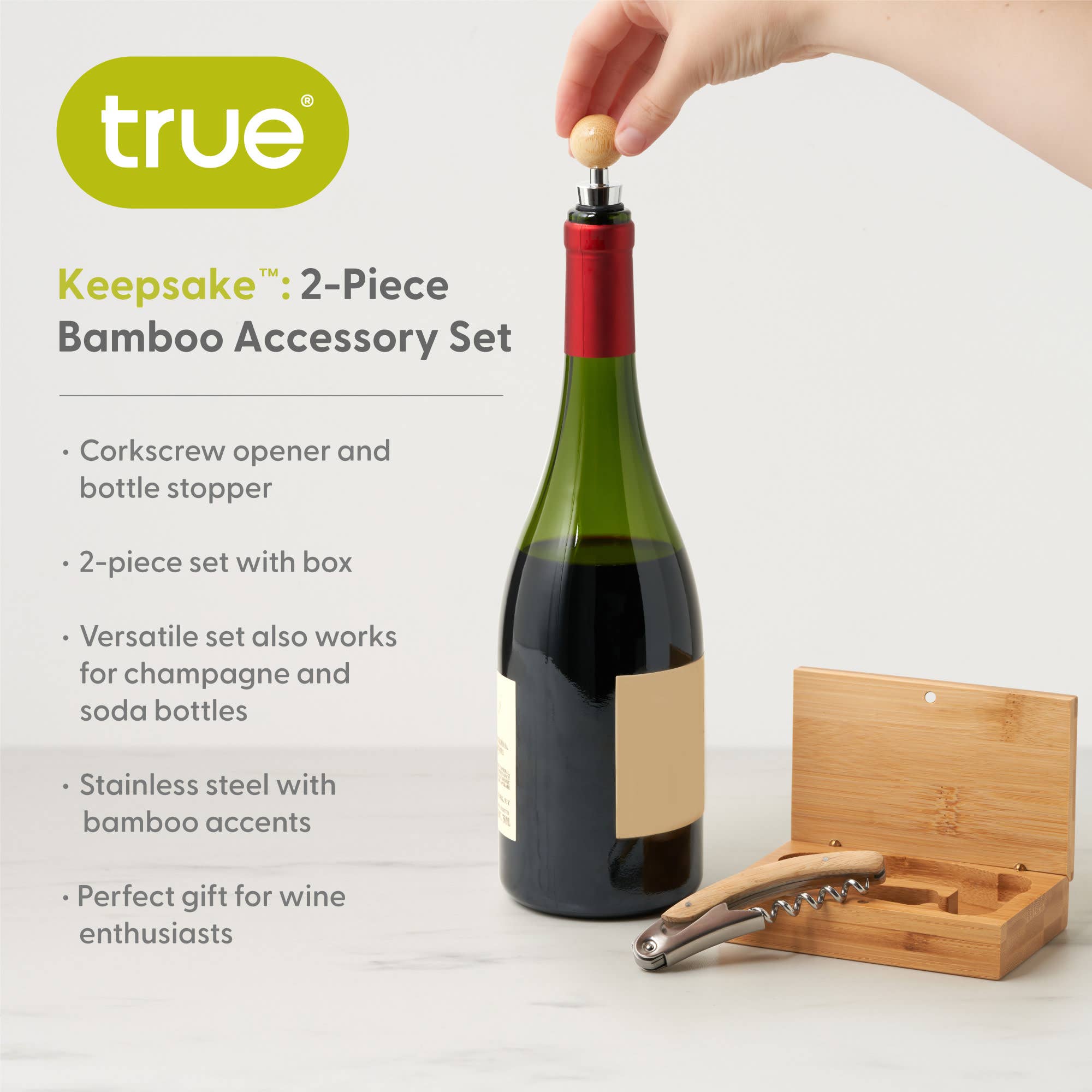 TRUE - Wholesale Wine Tool Set - Keepsake Bamboo Wine Accessory Set with Storage Box4