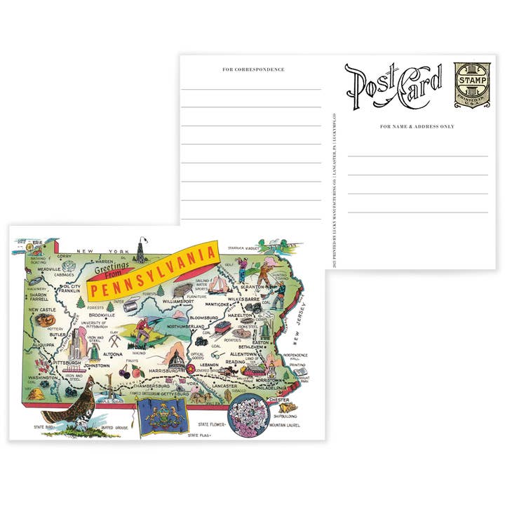 Tarjeta postal con ilustración vintage del mapa del estado de Pensilvania para venta al por mayor de Lucky Mfg. Co.