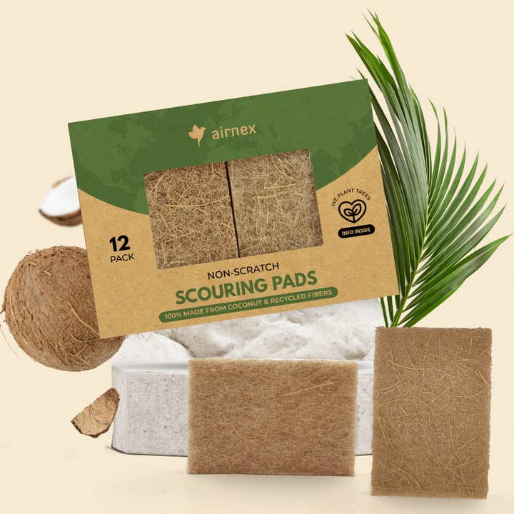 AIRNEX - Wholesale Cleaning Sponge - Eco-friendly Scouring Pad - 12 Pack Coconut Scourer
