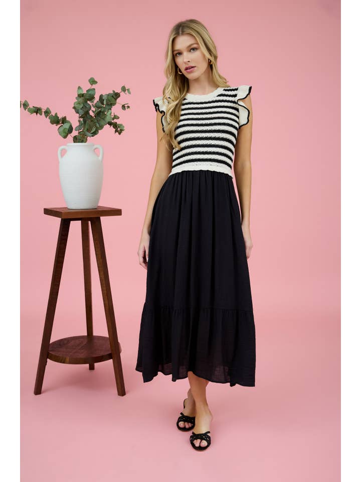 Blu Pepper - Wholesale Dress - Women's - STRIPE SWEATER TOP MIXED MEDIA MIDI DRESS