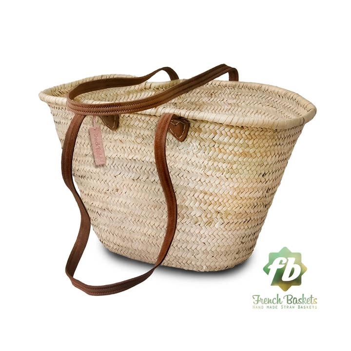 Beige Brown Best Straw Tote Bag Long Flat Leather Handle French Baskets for wholesale on Faire
