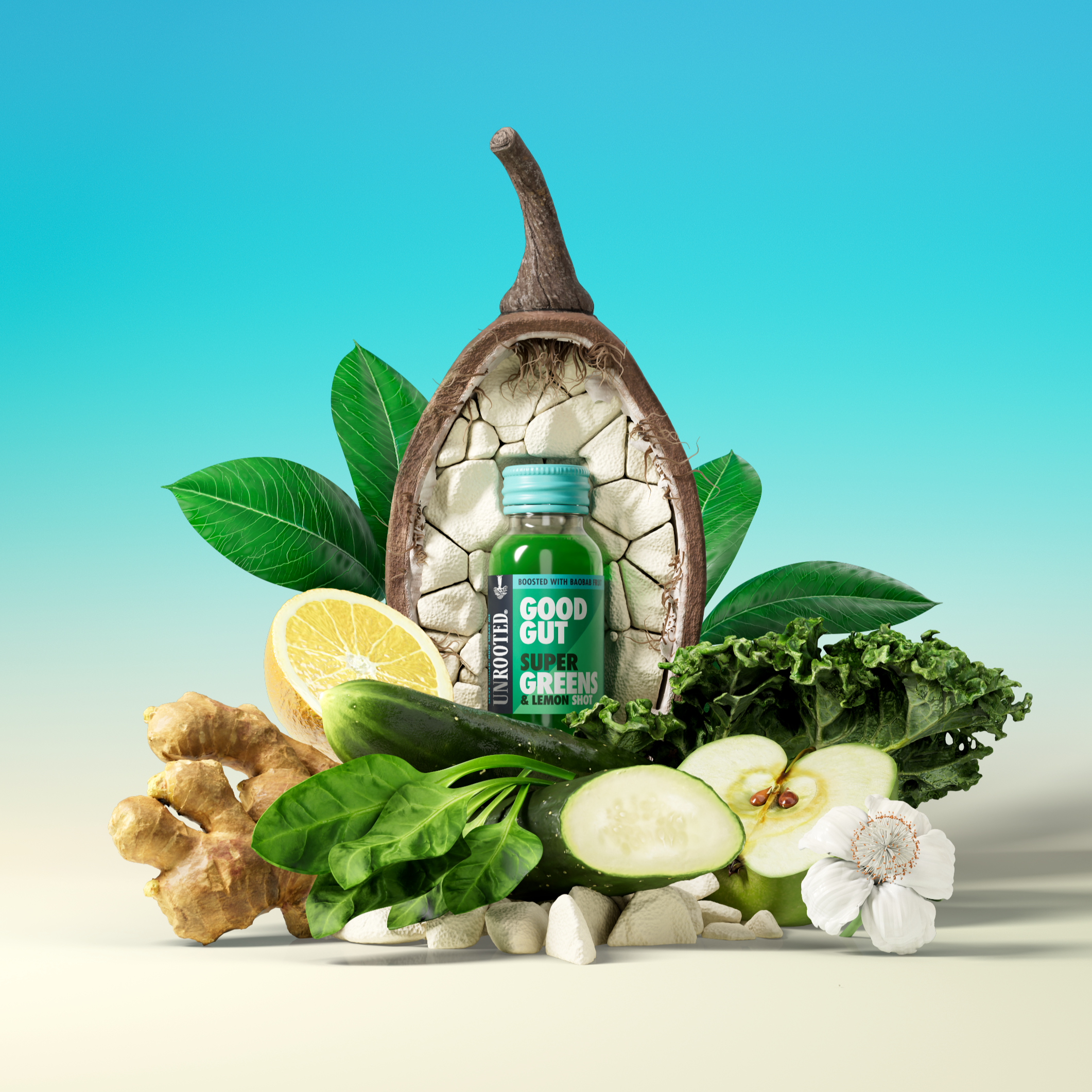 Unrooted Drinks - Wholesale Wellness Juice/Tonic - Super Greens - GOOD GUT (12 x 60ml)1