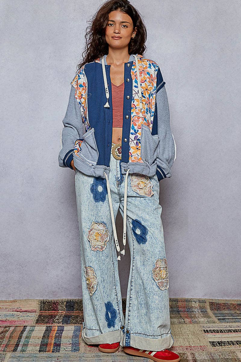 Pol Clothing - Wholesale Jacket - Women's - Balloon Sleeve Quilted Detail Floral Knit Hoodie Jacket SALE6