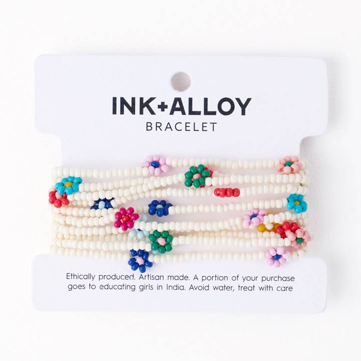 Sage Multi-Color Flower Beaded 10 Strand Stretch Bracelets Ivory Wholesale for wholesale by INK + ALLOY