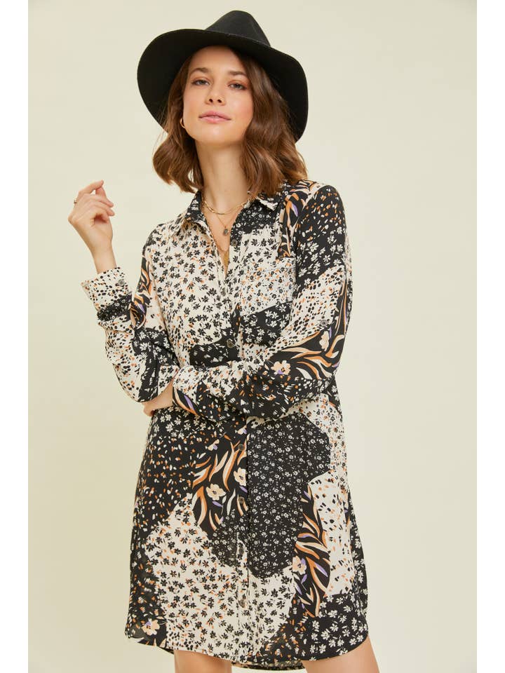 BLACK MULTI ED5271-1 BUTTON DOWN SHIRT DRESS WITH POCKETS for wholesale on Faire