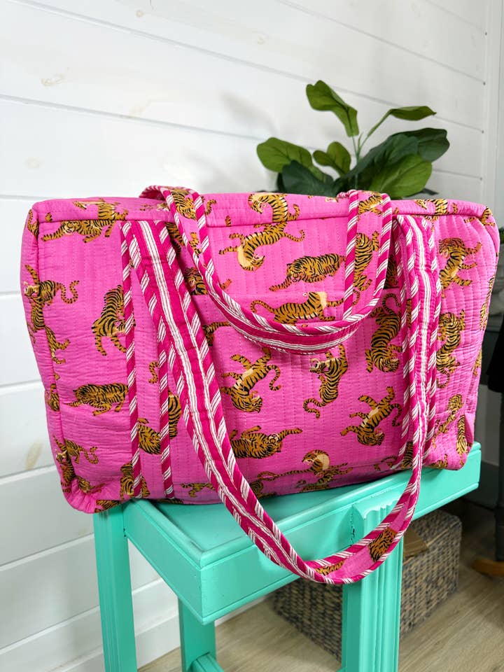 Quilted Duffle Bag | Weekender Travel Bag | Pink Tiger Print for wholesale by Folklore Couture