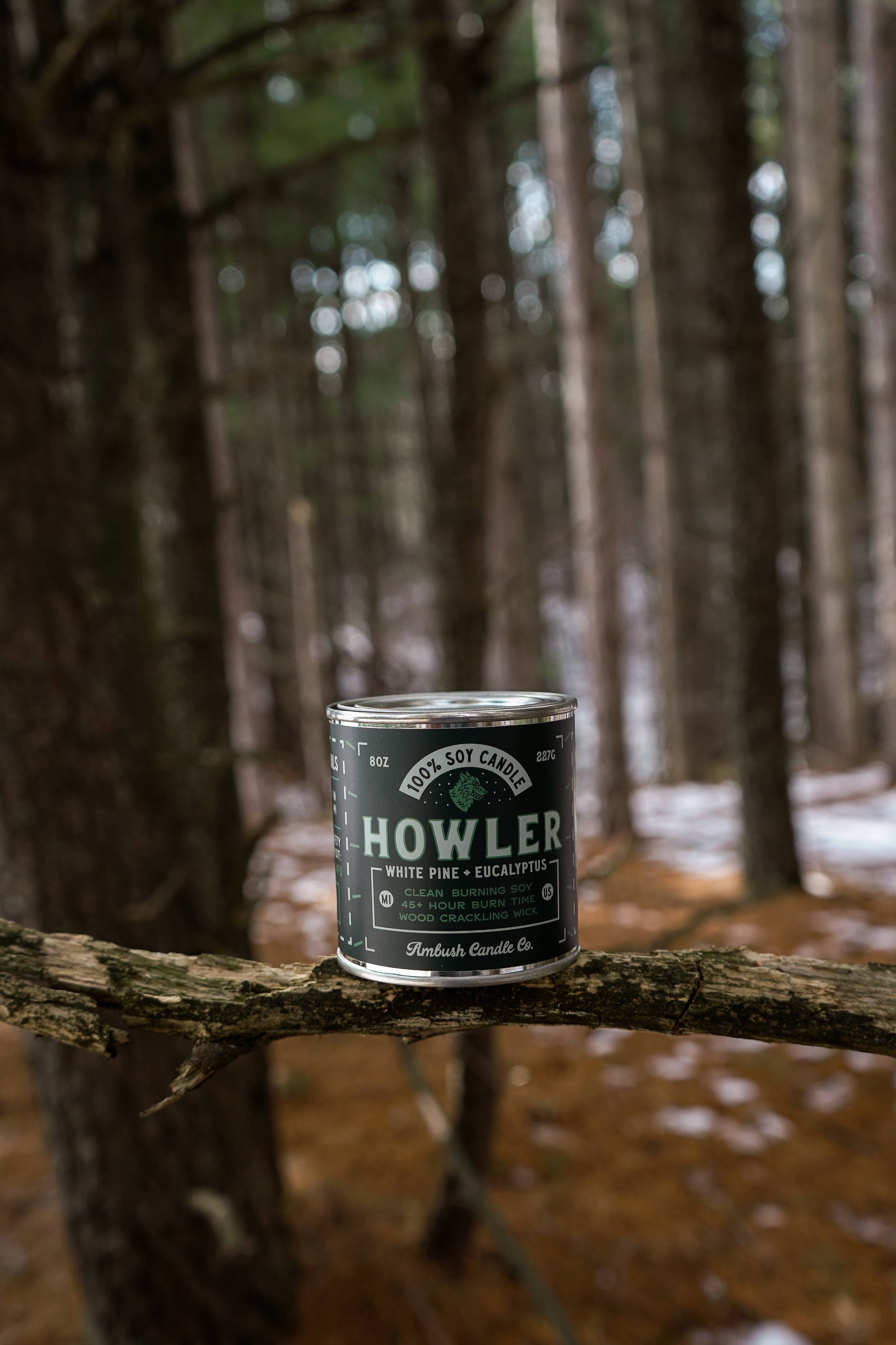 Ambush Candle Co. - Wholesale Jar/Filled Candle - Howler | White Pine + Eucalyptus 8oz Soy Candle6