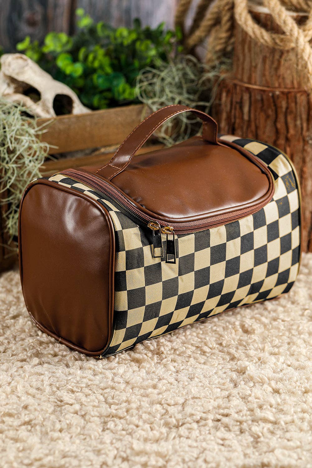 Black Checkered PU Leather Zipper Makeup Bag for wholesale on Faire