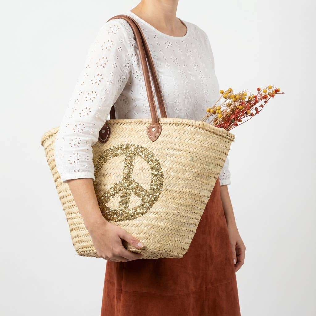 Melecraft - Vendita all'ingrosso Borsa da spiaggia - Borsa di paglia con segno di pace, cesta francese da mercato8