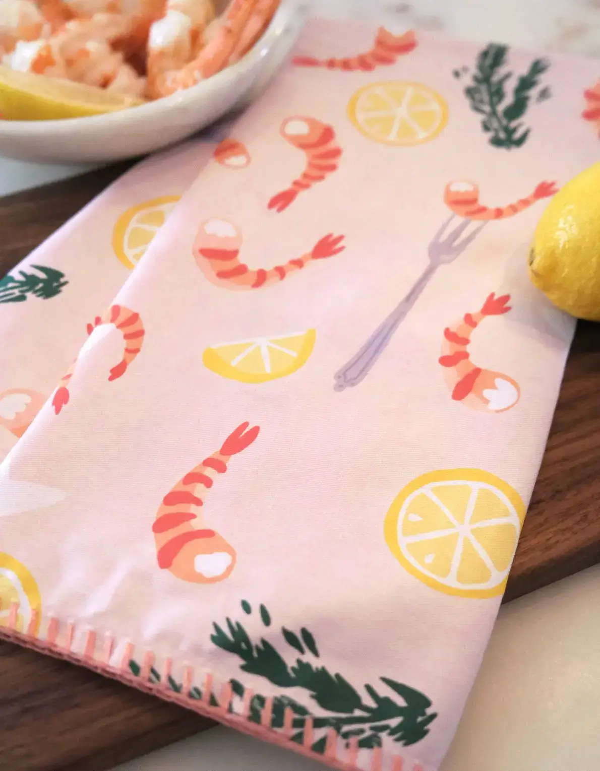 Idlewild Co. - Wholesale Tea Towel - Shrimp Cocktail Cotton Tea Towel with Embroidered Detail2