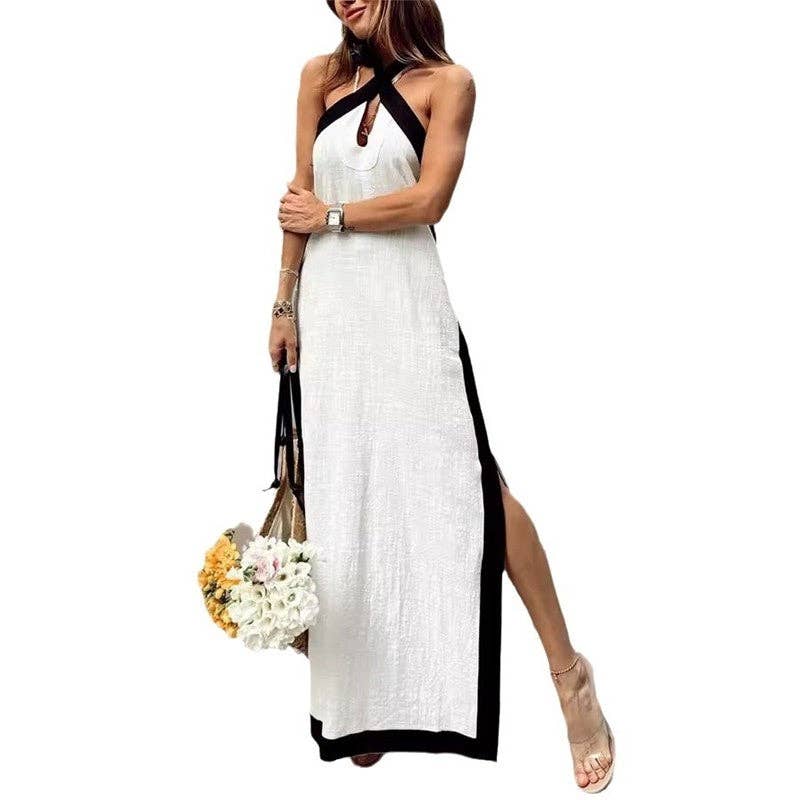 Sheer Trend - Wholesale Dress - Women's - Backless Halter Neck Color Block Maxi Dress2