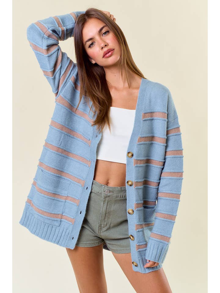 Doe and Rae - Wholesale Cardigan - Women's - Striped Front Button Closure Sweater Cardigan - 10616J