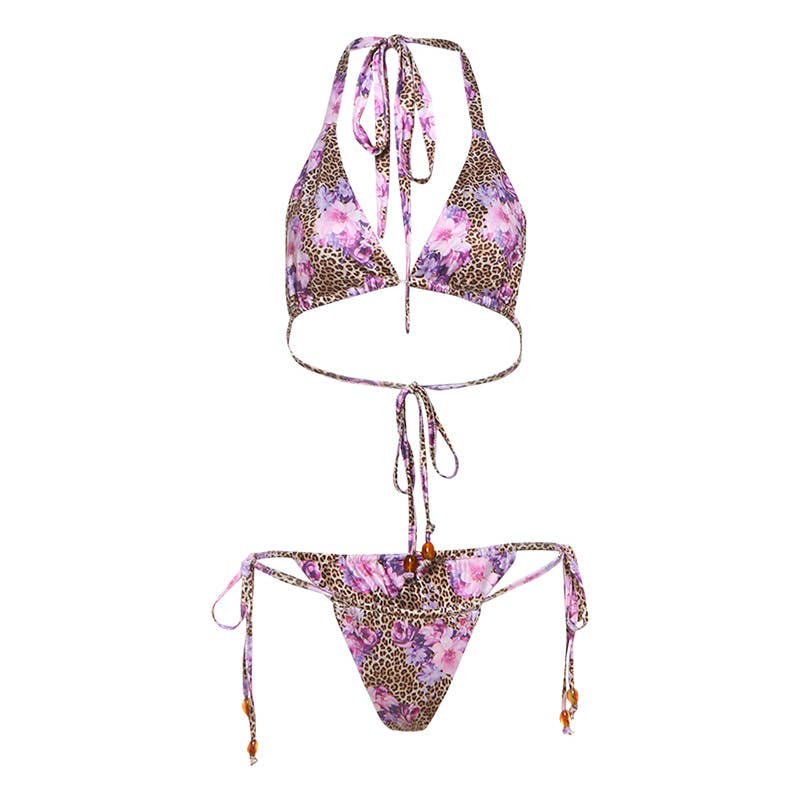 Lily Clothing - Wholesale Two Piece Swimsuit - Women's - Leopard Floral Halter Tie Bikini Set6