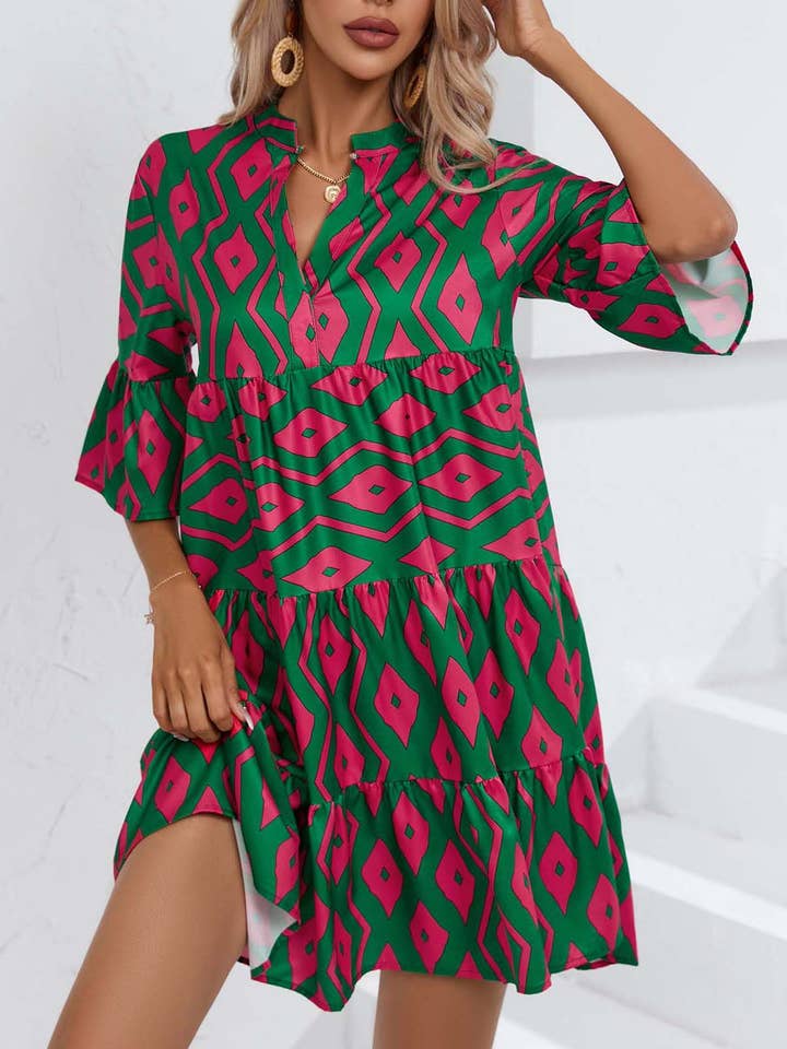 Loose V-Neck Bohemian Digital Print Dress for wholesale by Rosa Clothing
