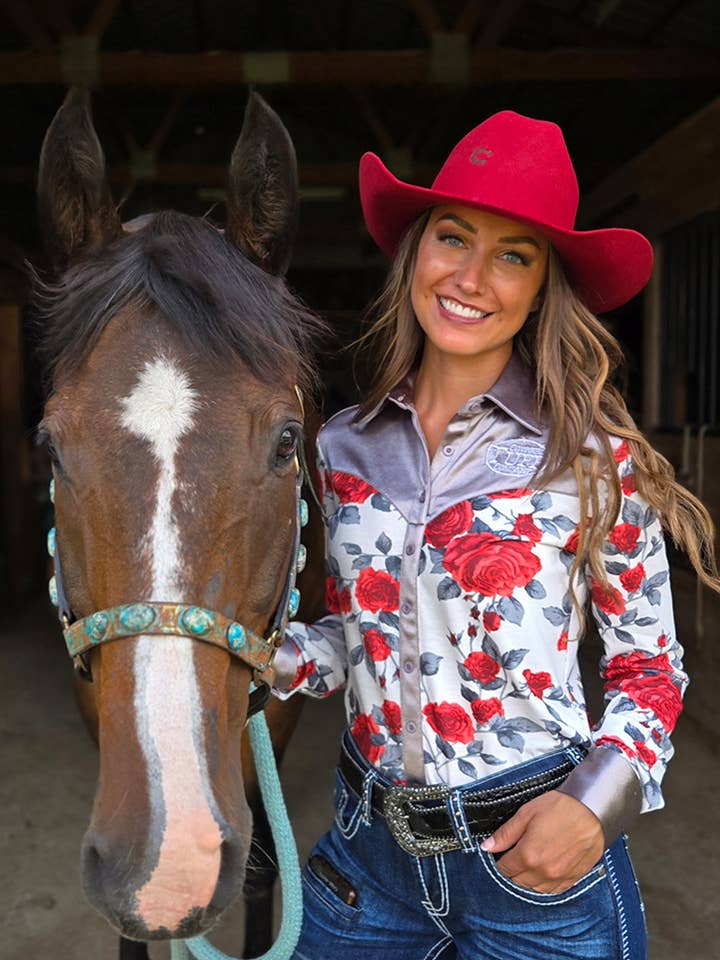 Pulôver com Botões com Rosas Vermelhas/Brancas e Logótipo Bordado por atacado de Cowgirl Tuff Co. / B. Tuff Jeans