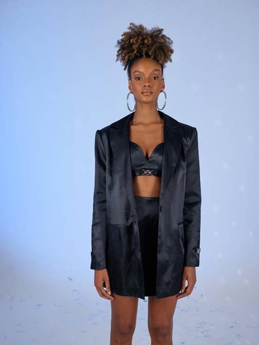 Fancy Black Satin Blazer Jacket for wholesale by Buy Me Fur