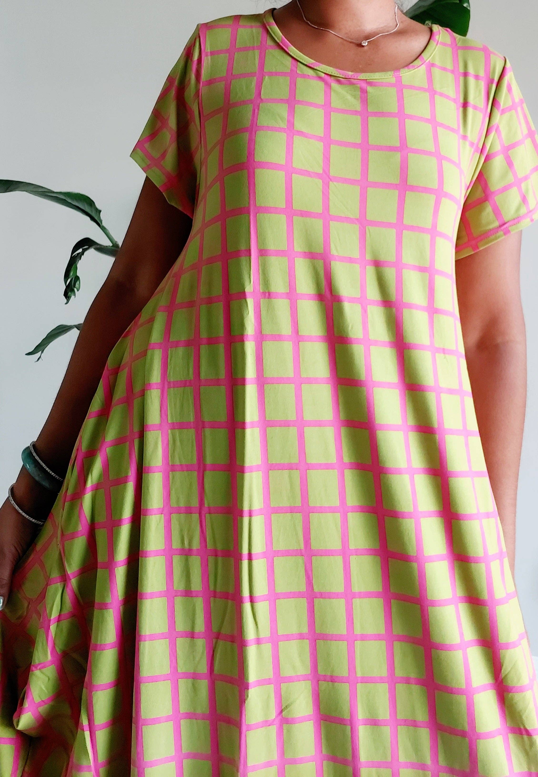 Bubble  Dress / Checkerd Pattern/Pink/ Green 20001 for wholesale on Faire7