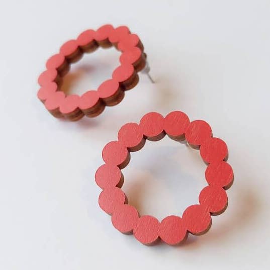 Sara Wooden Loop Stud Earrings Red for wholesale by Unique Ella