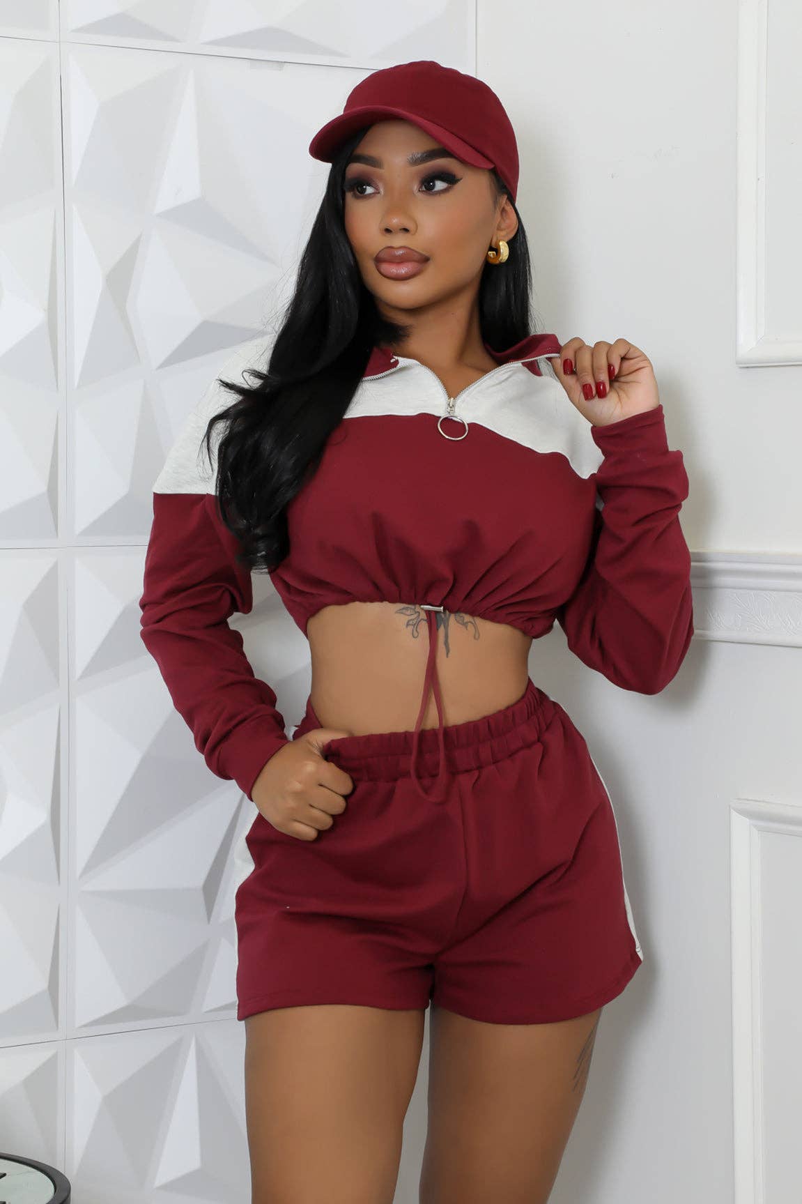 5besties inc - Wholesale Activewear Set - Women's - SPORTY CROP LONG SLEEVE TOP & SHORT SET