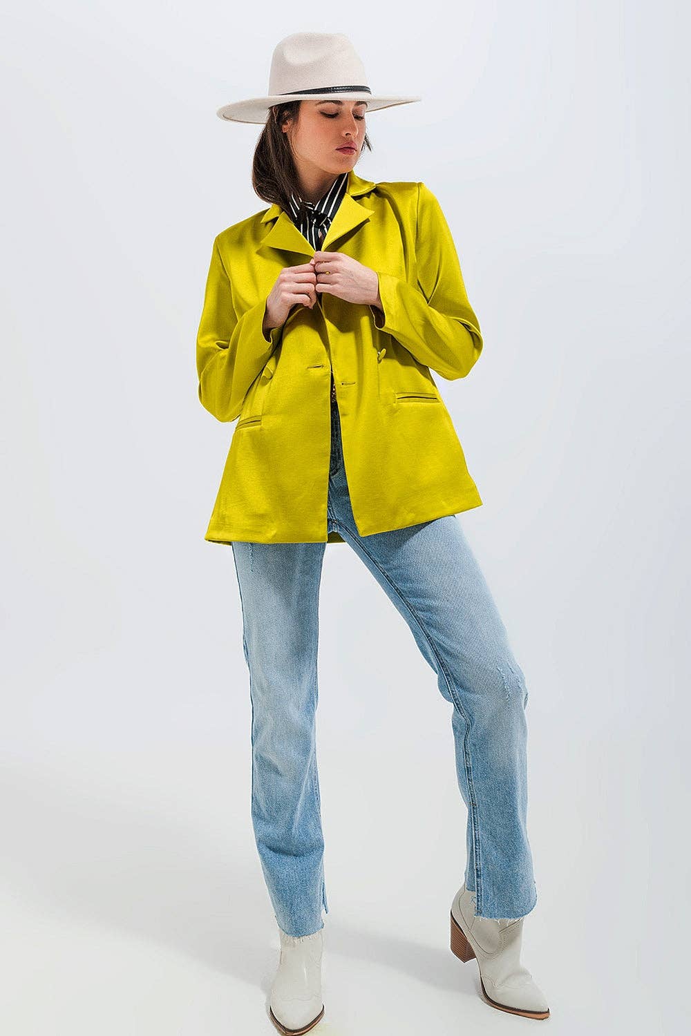 Double breasted satin blazer in lime green for wholesale on Faire2