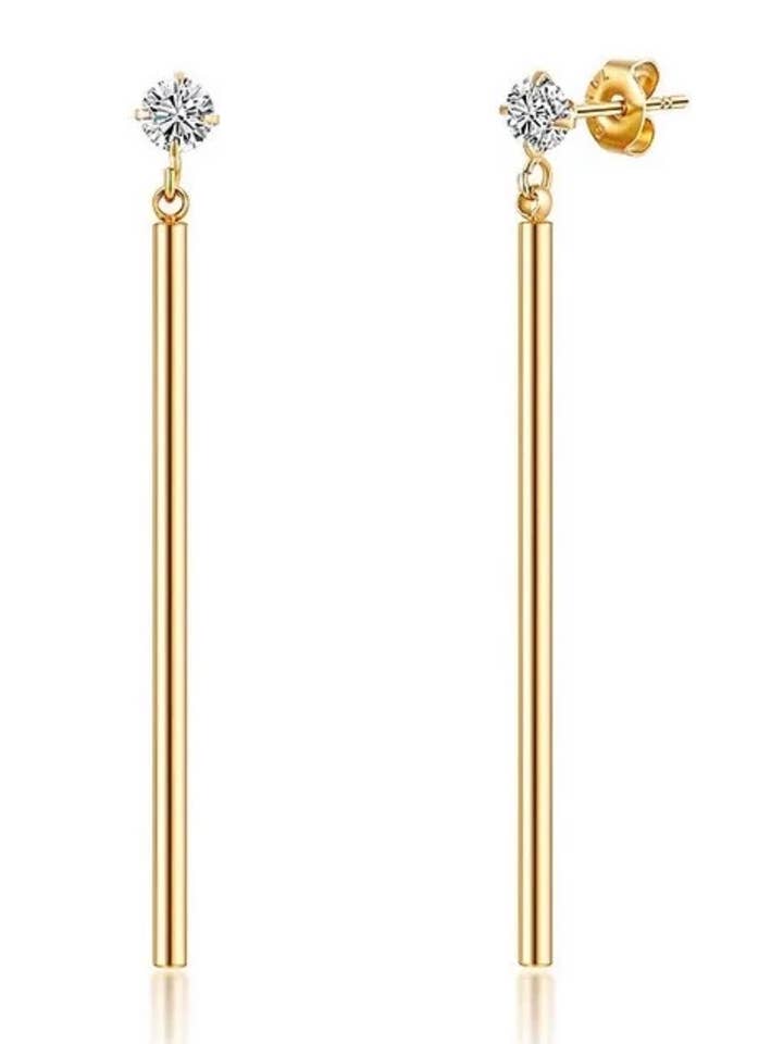 Sam- Drop CZ and Gold Bar Earring- Steel 14K Gold for wholesale by HoopLa