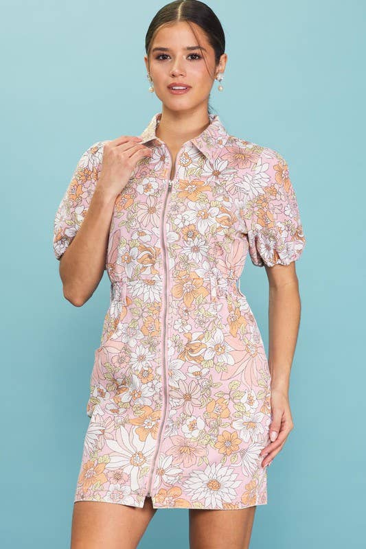 Abrikoos Jurk met korte pofmouwen en bloemenprint met ritssluiting voor groothandel op Faire0