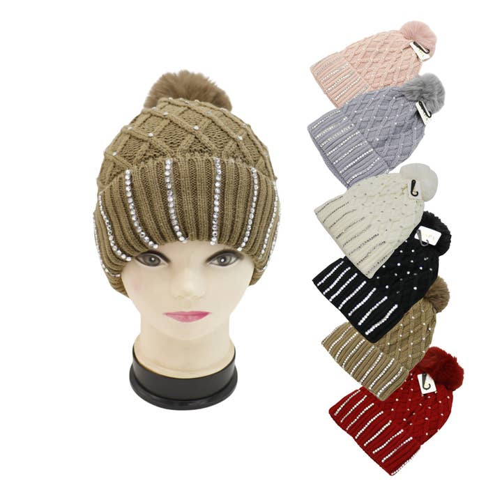 ASSORTED Pom Pom Knitted Beanie With Rhinestone HA4727-8 (12PC) for wholesale on Faire29