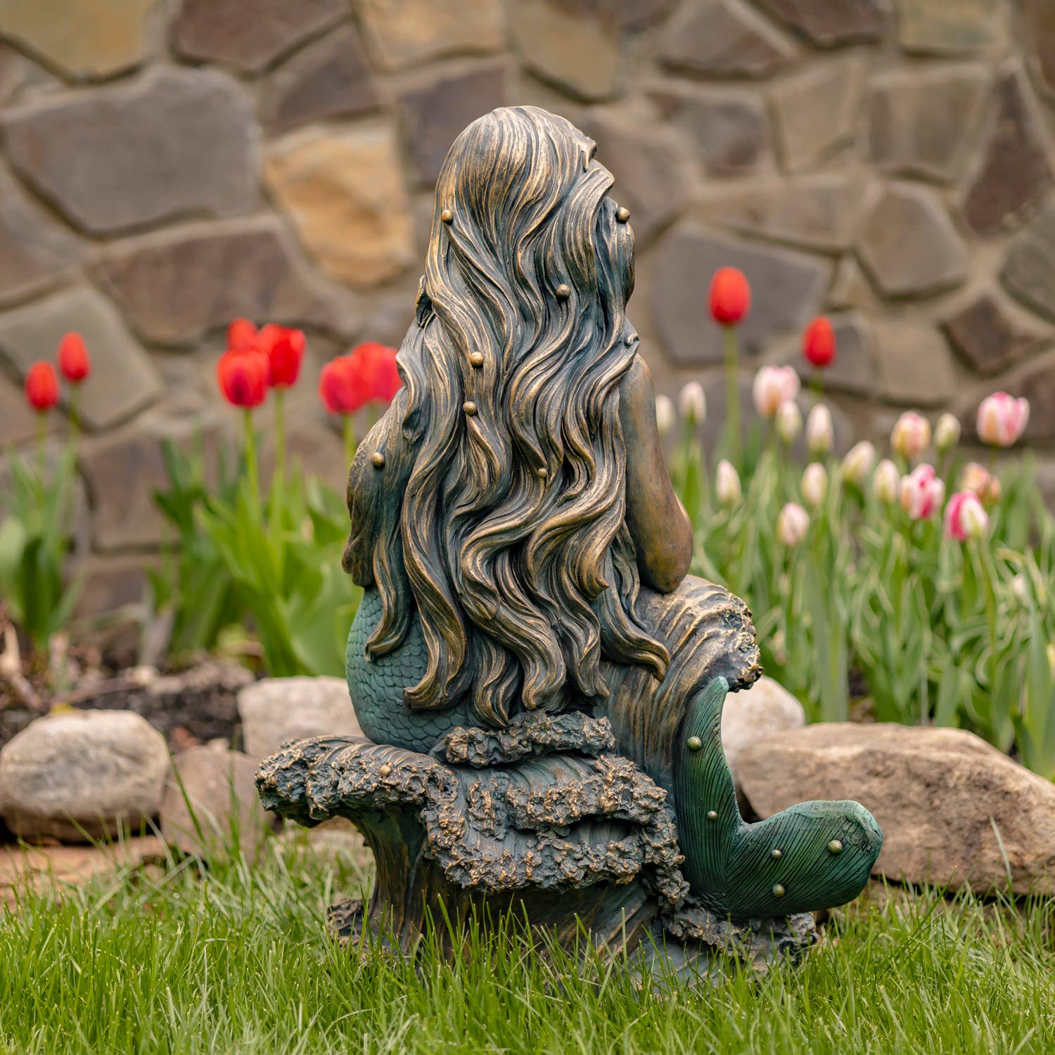 Zaer Ltd. International - Wholesale Outdoor Ornament/Decor - 34" Tall Mermaid Sitting on Rock Garden Statue "Dezlynn"6