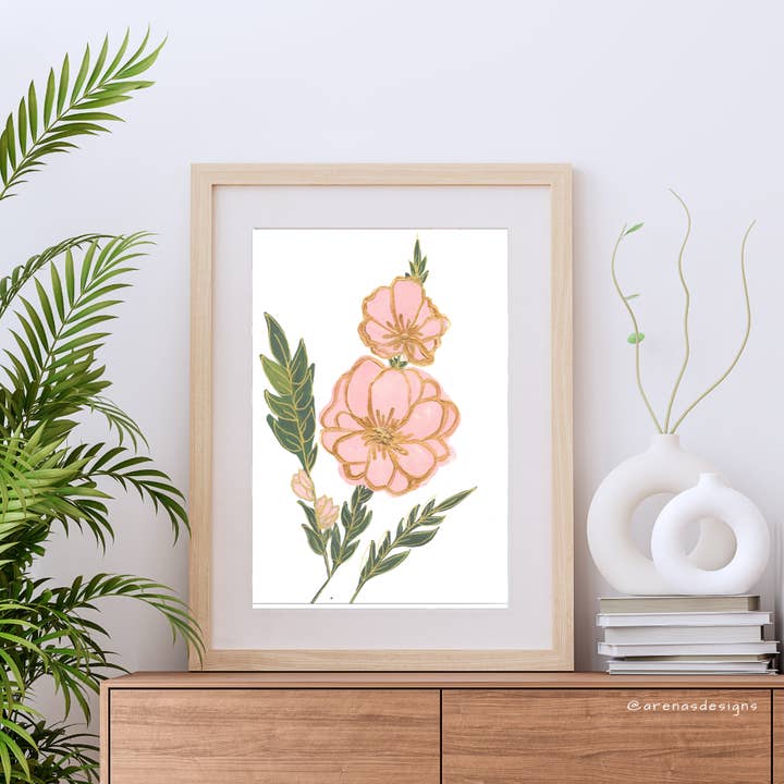 Rosa blomma med guldblad konsttryck för wholesale av Arenas Designs