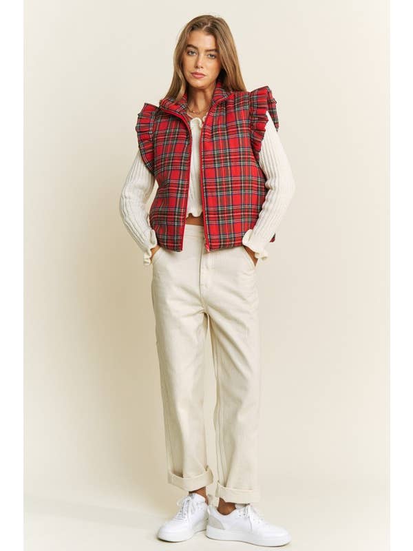RED EVERYDAY PLAID PUFF ZIP UP VEST JACKET with ARMHOL for wholesale on Faire11