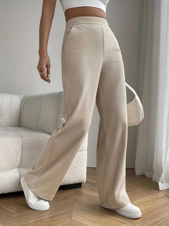 High-waisted ribbed straight wide-leg pants for wholesale by HIDDENBRAND
