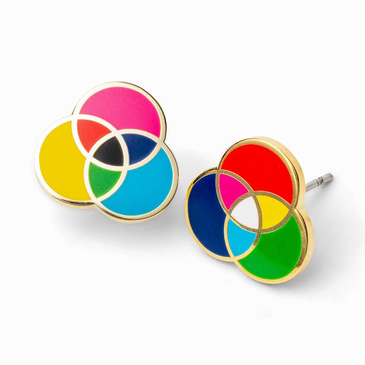 Yellow Owl Workshop - Wholesale Knopjes/oorstekers - RGB en CMYK oorstekers - gouden kleurrijke artistieke statement oorbellen0
