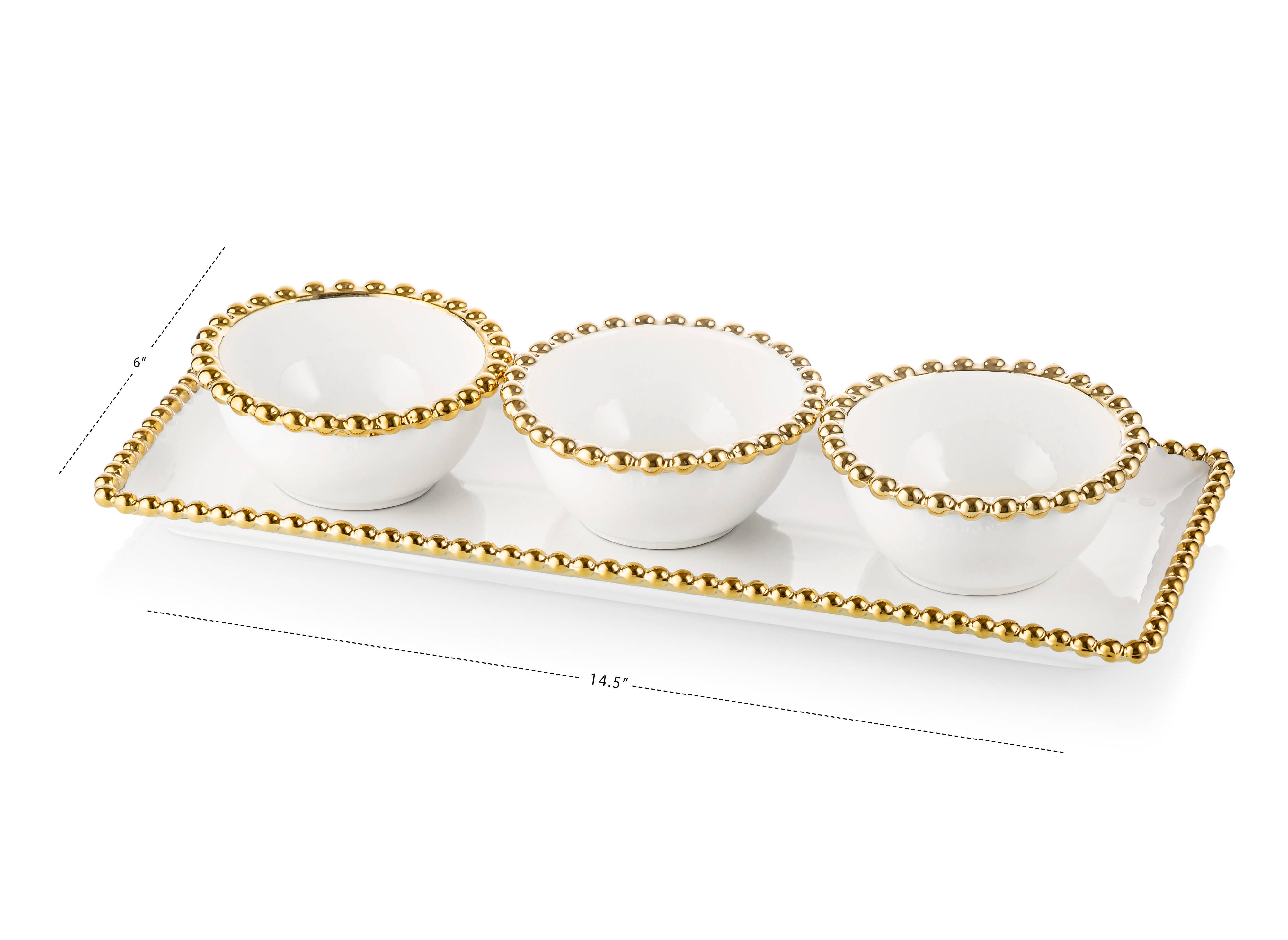 CLASSIC TOUCH DECOR INC. – wholesale Decorative plate/dish/bowl – White Porcelain 3 Bowl Relish Dish with Gold Beaded Design2